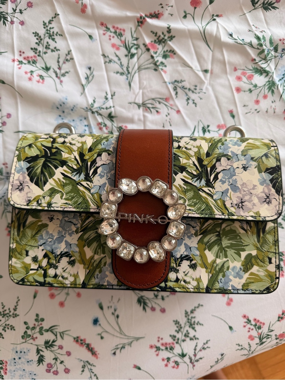 Pinko Green and Blue Floral Leather Crossbody Bag with Brown Strap